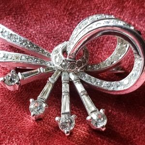 Vintage 1950s Kramer of New York Chrome and Rhinestone Bow Pin Brooch Marked